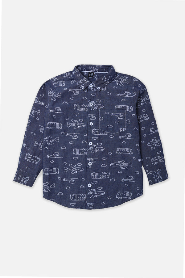 Boys Blue Printed Denim Casual Shirt