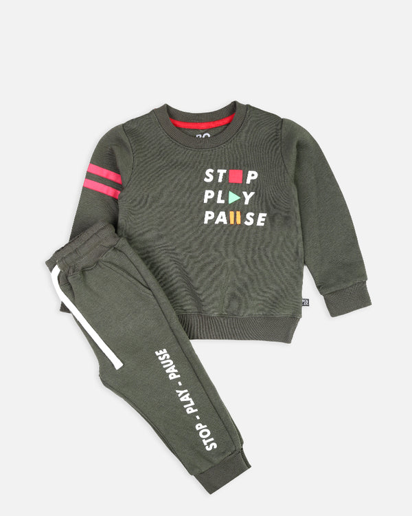 Boys Olive Stop Play Pause Printed Track Suit