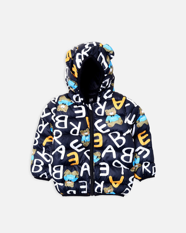 Boys Black Printed Puffer Jacket With Hood