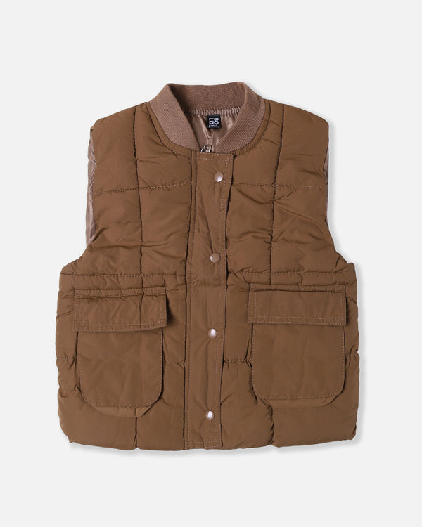 Boys Camel Sleeve Less Jacket With Front Pockets