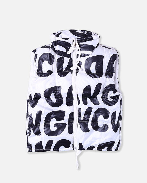 Boys White Printed Sleeve Less Jacket