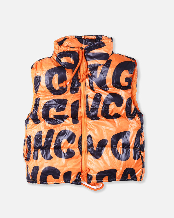 Boys Orange Printed Sleeve Less Jacket