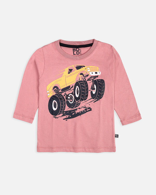 Boys Pink Full Sleeve T-Shirt With Rover Jeep Graphic Print