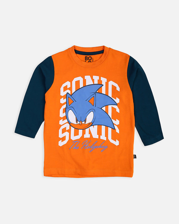 Boys Orange Full Sleeve T-Shirt With Sonic Graphic Print