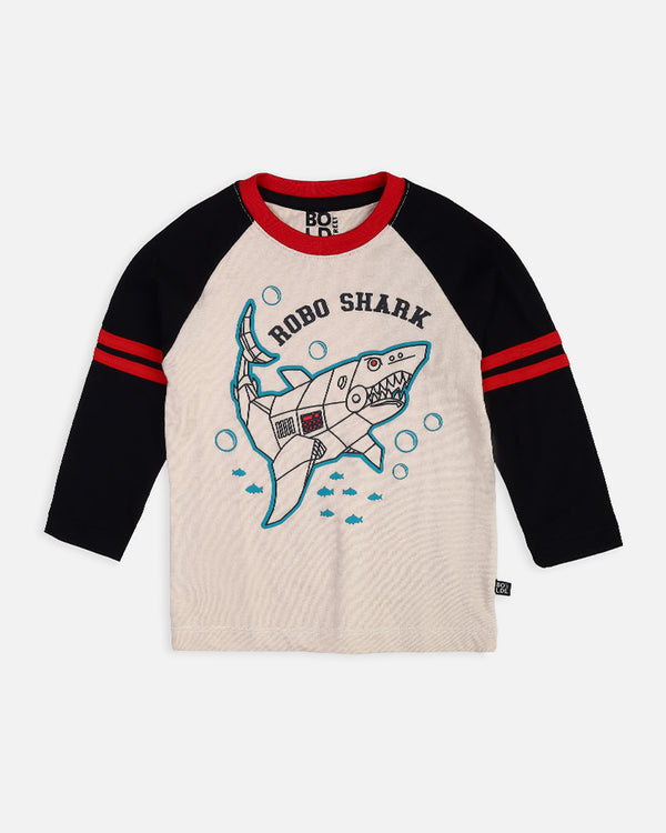 Boys Beige Full Sleeve T-Shirt With Robo Shark Graphic Print