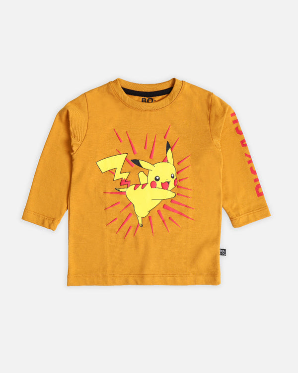 Boys Mustard Full Sleeve T-Shirt With Pikacho Graphic Print