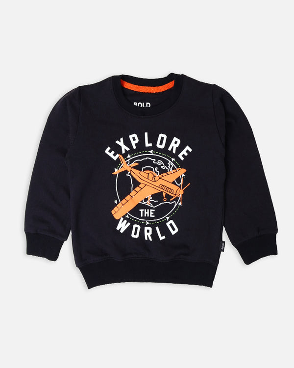 Boys Explore The World Printed Black Sweat Shirt