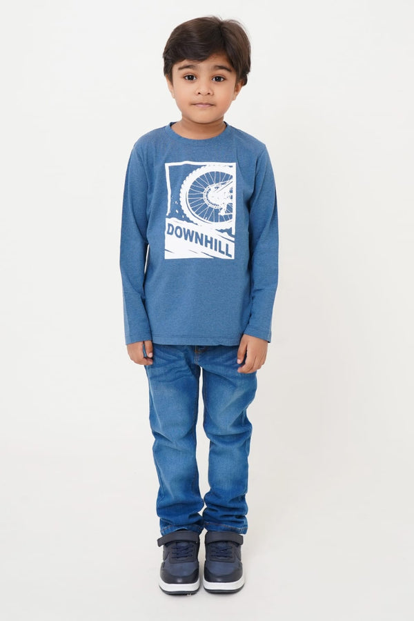 Boys Blue Downhill Printed Full Sleeve T-Shirt