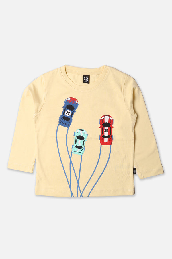 Boys Light Yellow Printed Full Sleeve T-Shirt