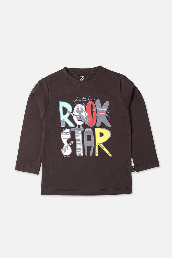 Boys Black Rock Star Printed Full Sleeve T-Shirt