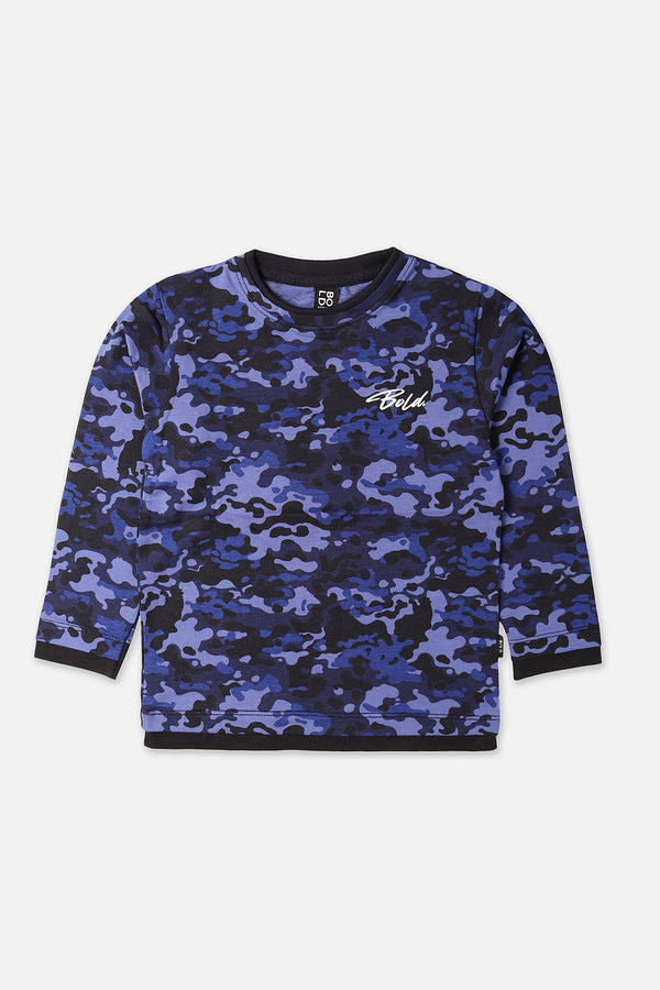Boys Blue Camo Printed Full Sleeve T-Shirt