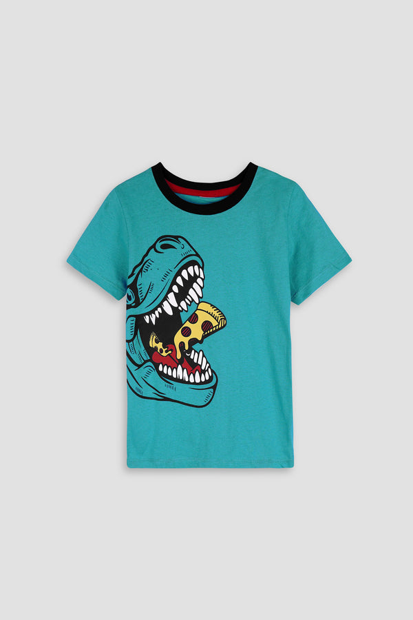 Sea Green Boys T-Shirt with Jurassic T-Rex Graphic Print - Jersey Fabric