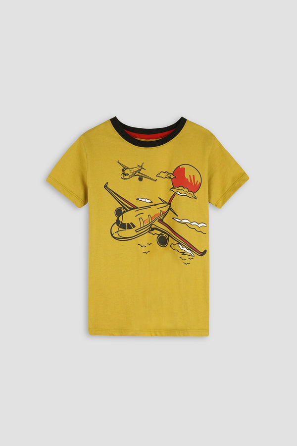 Mustard Boys T-Shirt with Aeroplane Graphic - Jersey Fabric