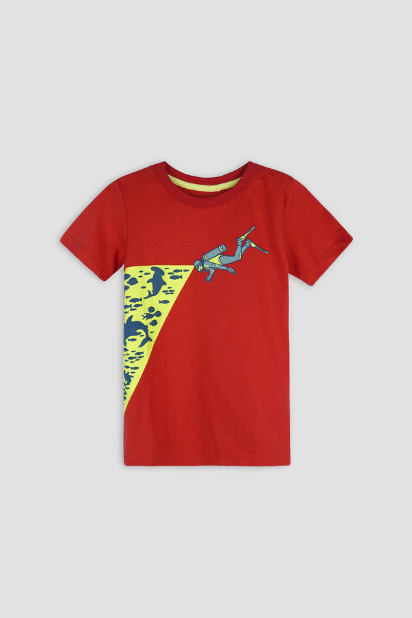 Red Boys T-Shirt with Scuba Diving Graphic - Jersey Fabric