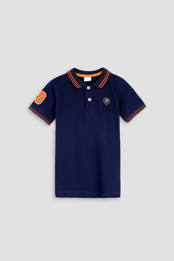 Navy Polo Shirt for Boys with Contrast Black Collar - Pique Fabric