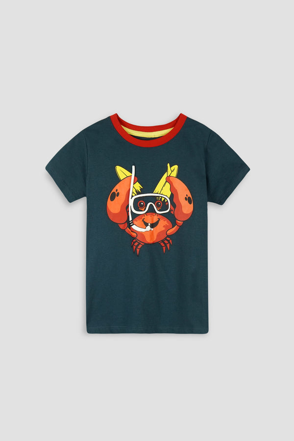 Dark Green Boys T-Shirt with Scuba Crab Graphic - Jersey Fabric