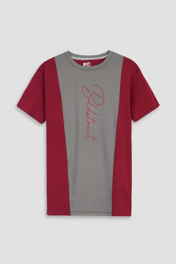 Red T-Shirt with Grey Panel Graphic Printing Modal Fabric