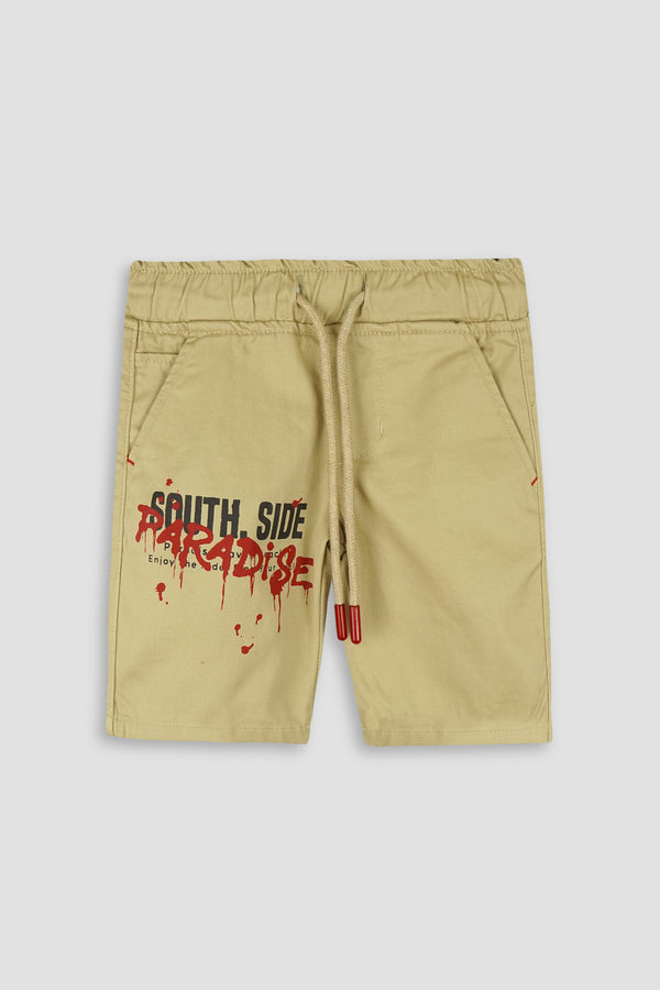 Camel Boys Shorts with Surf'S UP Printing - Cotton Fabric