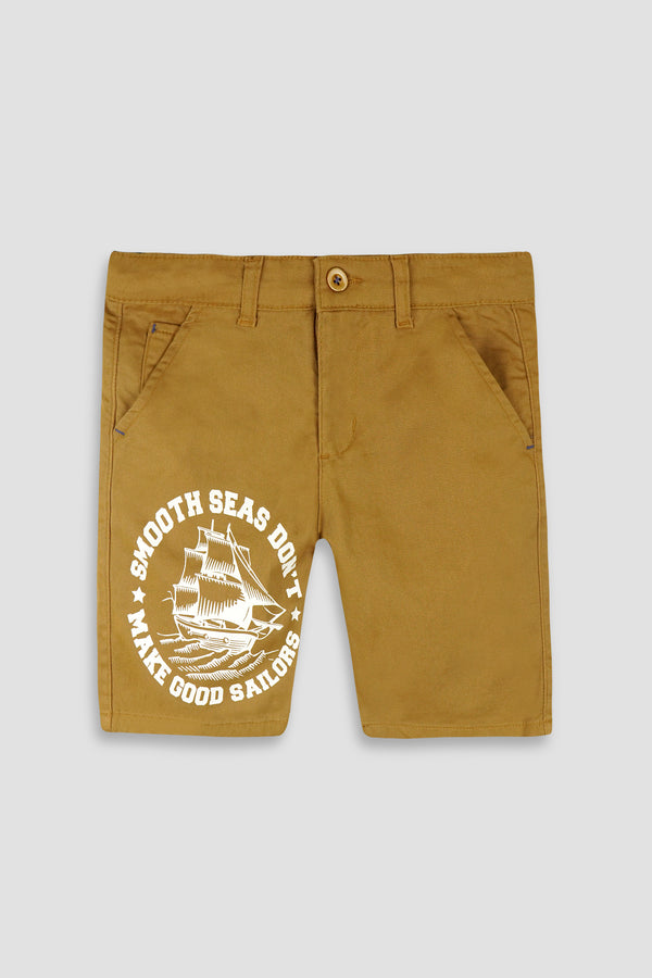 Khaki Boys Shorts with Printing on Front - Cotton Fabric