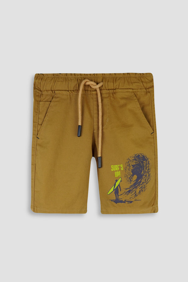 Khaki Boys Shorts with Surf'S UP Printing - Cotton Fabric