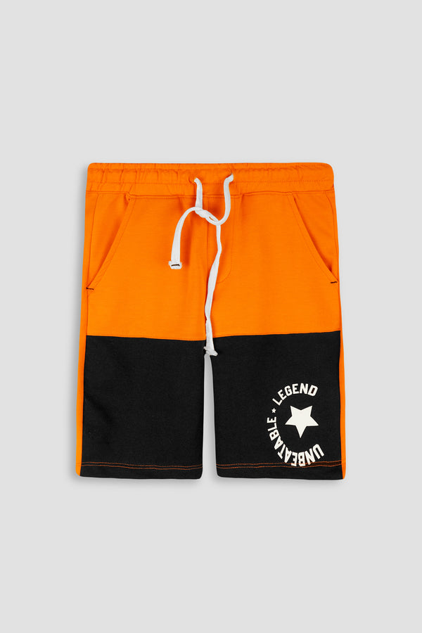 Orange Boys Shorts with Black Panel and Graphic Printing - Cotton Fabric