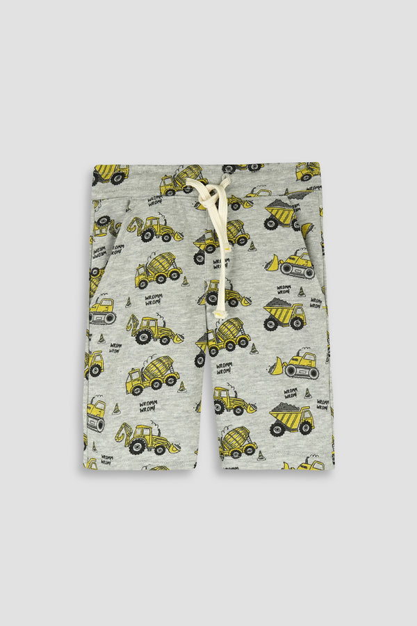 Grey Boys Shorts with All Over Truck Graphic Print - Cotton Fabric