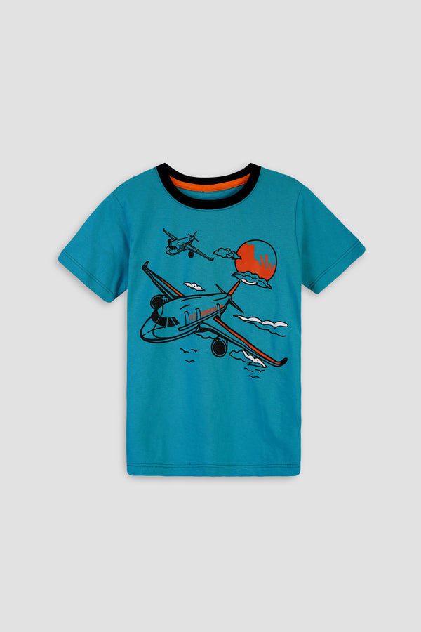 Teal Boys T-Shirt with Aeroplane Graphic Design - Jersey Fabric