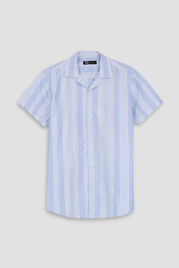 Safari Style Casual Shirt Sky Blue and White Color - Linen Fabric