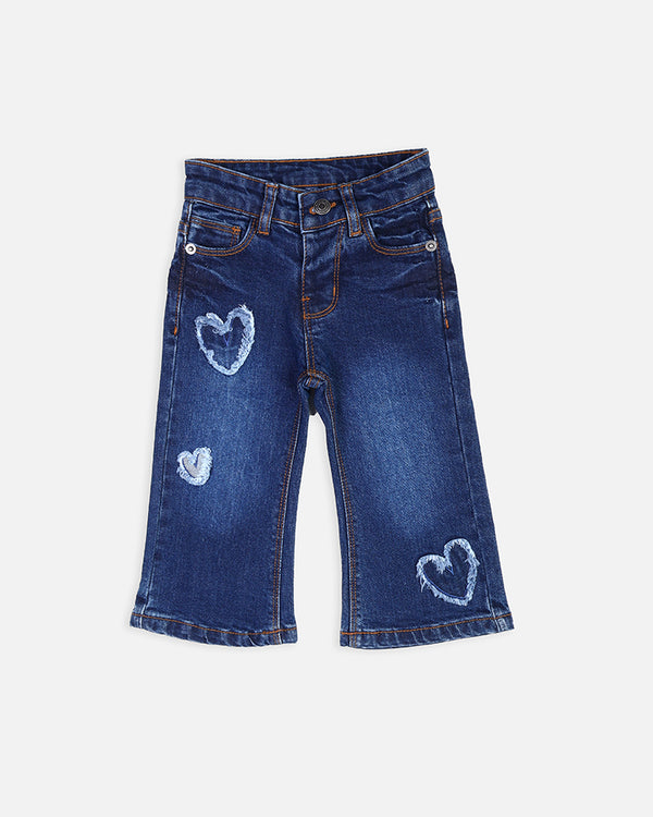 Girl Blue Denim Heart Pach Bell Bottam Ston Wash