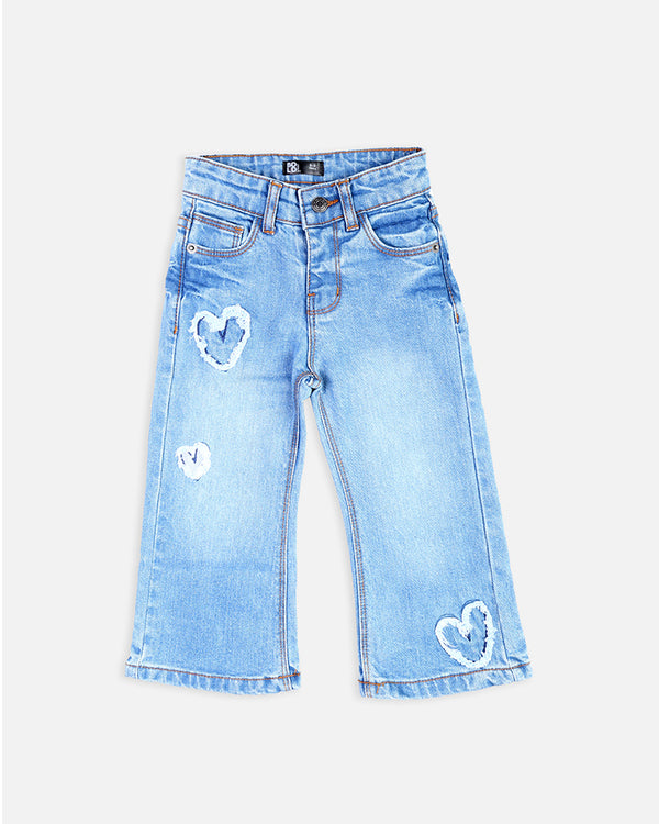 Girl Light Blue Denim Heart Pach Bell Bottam Ston Wash