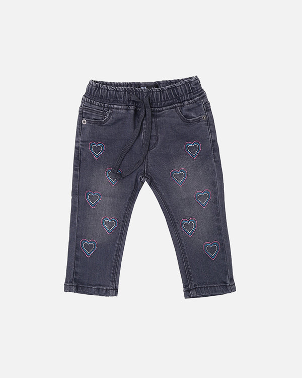 Girls Grey Pant With Heart Embroided