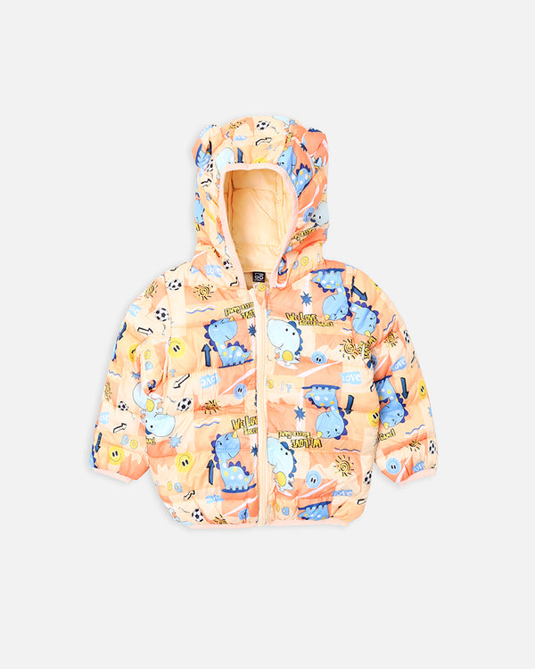 Girls Peach Printed Puffer With Hood