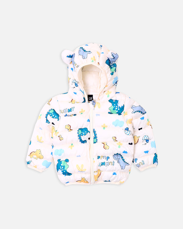 Girls White Printed Puffer Jacket With Hood