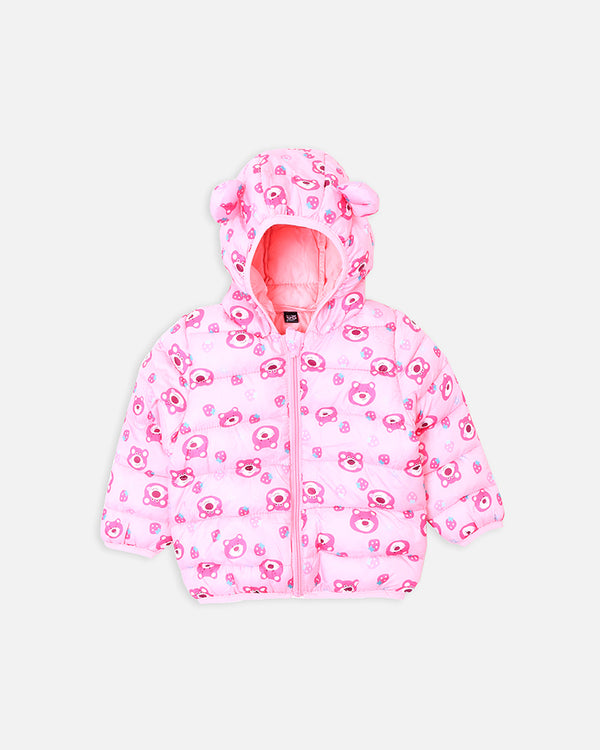 Girls Pink Printed Puffer Jacket With Hood