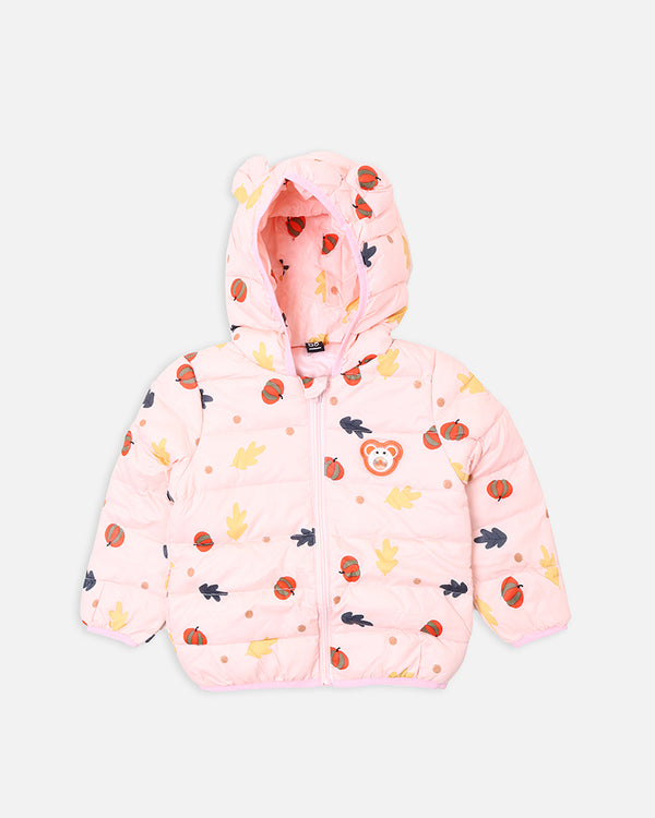 Girls Peach Printed Puffer Jacket