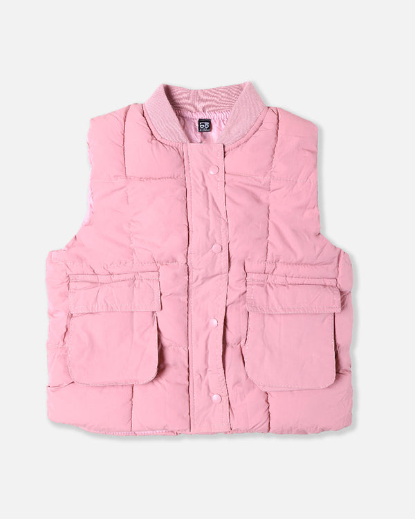 Girls Pink Sleeve Less Jacket With Front Pocket