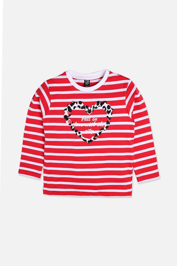 Girls Red Striper Printed T-Shirt