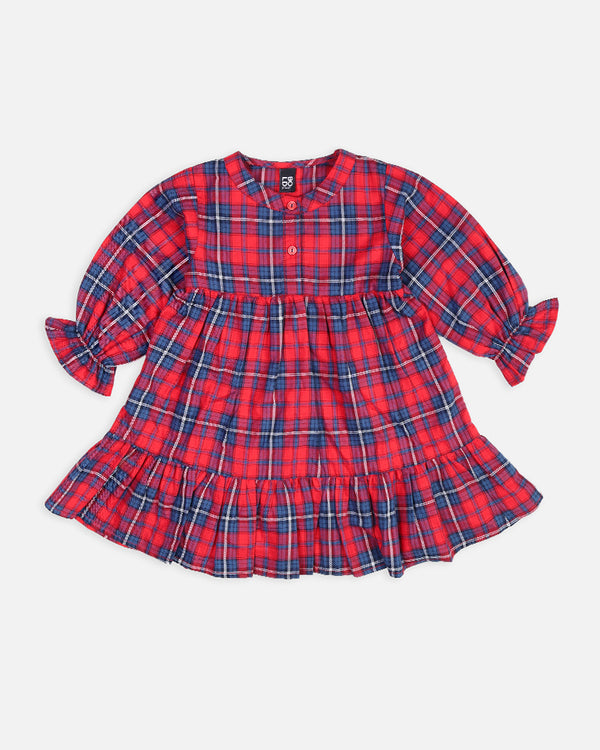 Girls Red & Navy Check Woven Frock