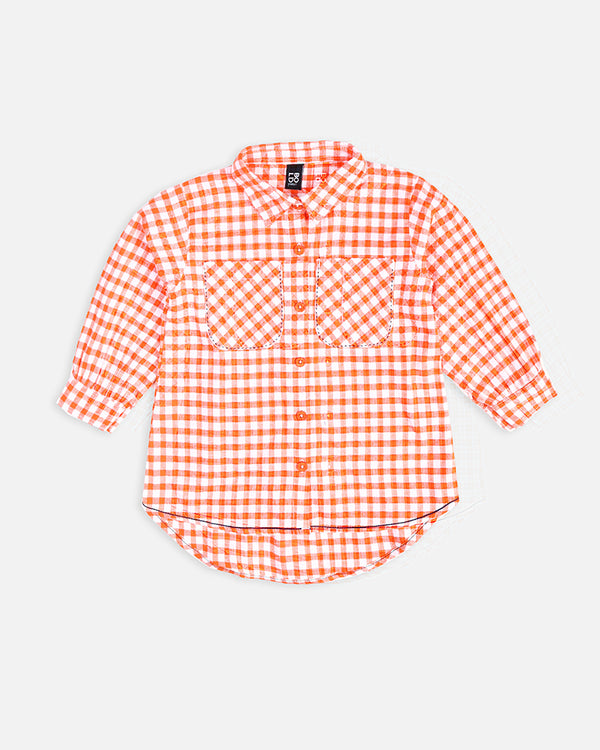 Girls Orange And White Check Causal Top With Front Pocket