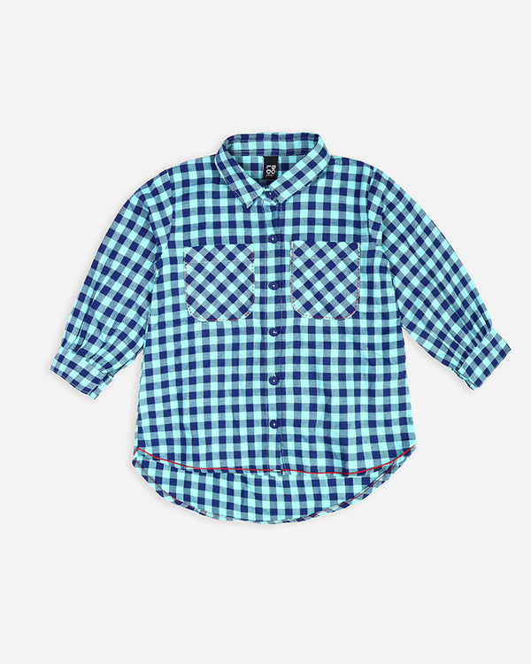 Girls Blue Check Causal Top With Front Pocket