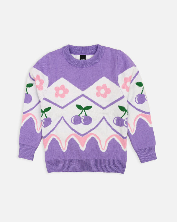 Girls Flower Printed Purple Sweater