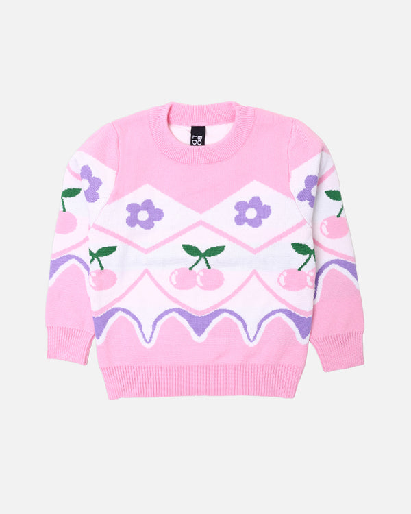 Girls Pink Flower Printed Sweater