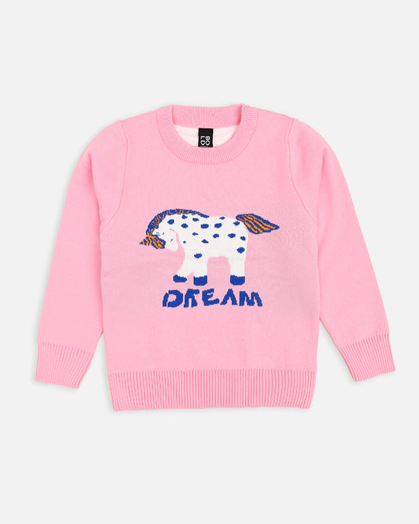 Girls Dream Horse Printed Pink Sweater