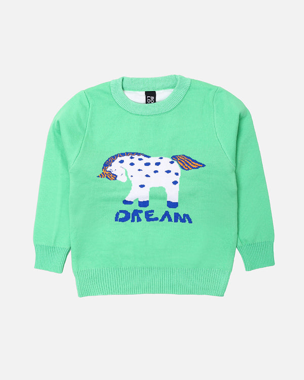 Girls Dream Horse Printed Green Sweater