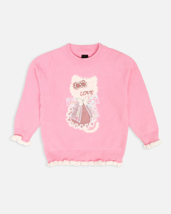 Girls Cat Embroided Pink Sweater