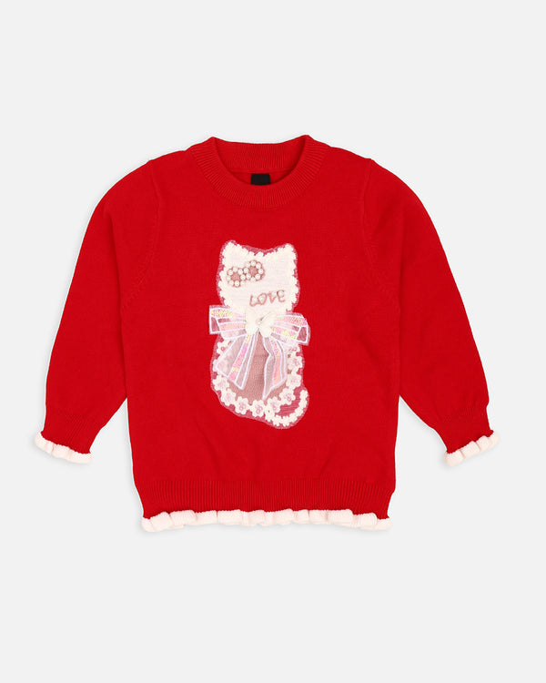 Girls Cat Embroided Red Sweater