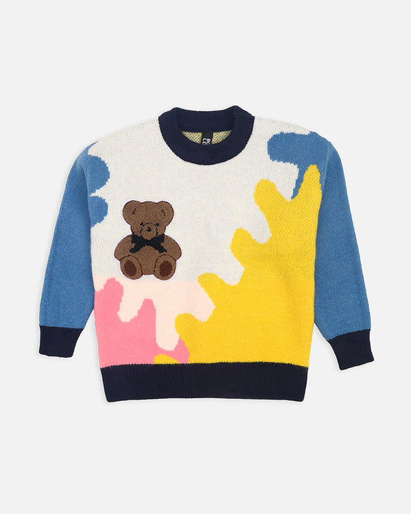 Girls Multi Sweater With Front Teddy Bear Patch