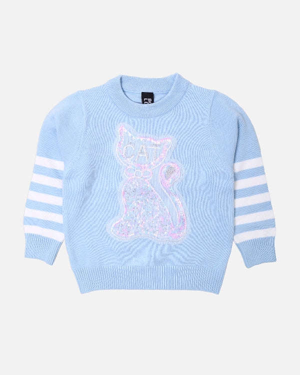 Girls Sky Blue Sweater With Front Cat Patch