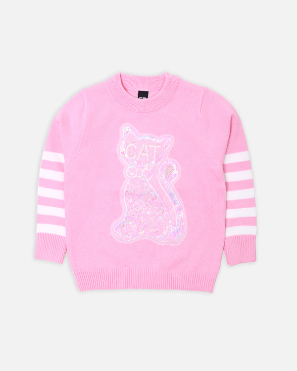 Girls Pink Sweater With Front Cat Patch