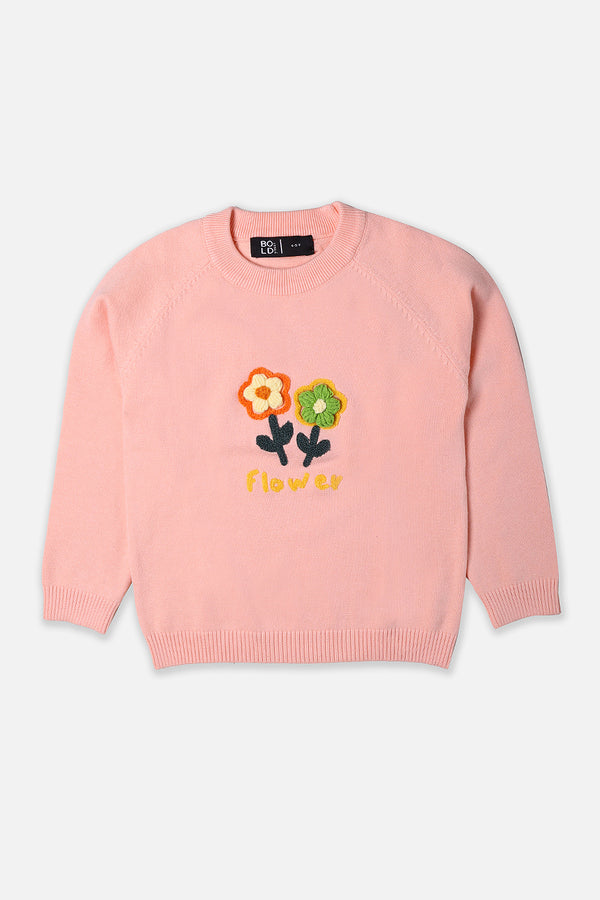Girls Peach Flower Embroidered Sweater
